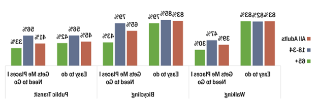 83%的成年人表示步行和骑自行车很容易, 但 only 56% of young adults and 42% of older adults feel public transit is easy. 整体, 65%的人认为骑自行车是一种有效的替代交通方式, 这一比例在年轻人中为79%，在老年人中仅为43%. Fewer see walking and public transit as effective, 但 young adults are more favorable.